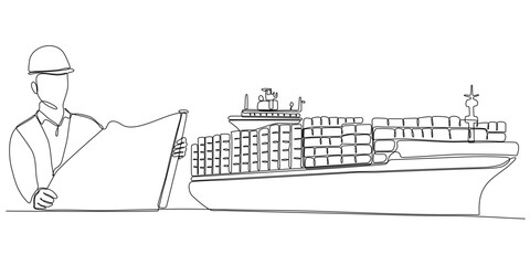 continuous line drawing of architect designing cargo ship