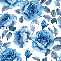 Elegant blue roses watercolor seamless pattern, perfect for fabric, wallpaper, and sophisticated stationery design. AI Generative