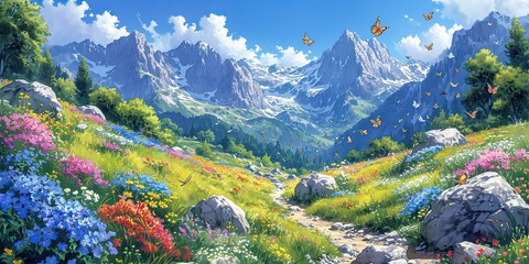 Vibrant Mountain Valley with Colorful Wildflowers Illustration