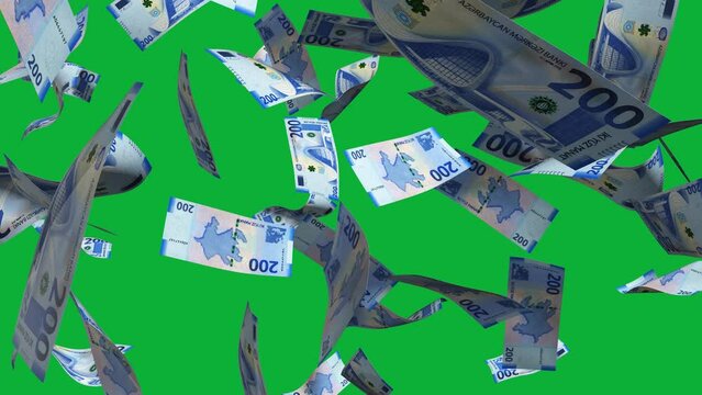 3D animation of Azerbaijani Manat notes Falling On Green screen. Remove the background by keying or subtracting with the black and white matte to replace with a custom one