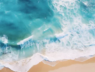 Fotobehang Aerial view of beautiful sandy beach with turquoise ocean waves © wcirco