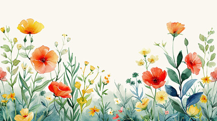 Fototapeta premium Watercolor floral background with vibrant poppies and wildflowers, perfect for spring designs, invitations, and wallpapers. AI Generative