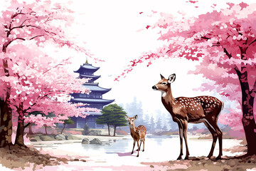 Japanese Zen Temple and Cherry Blossom Trees with Deer: Graphic Vector Illustration for Mugs, T-shirts, and Merchandise