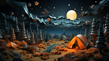 Origami camping tent and bright moon with 3d minimal background