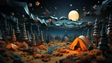 Poster Im Rahmen Origami camping tent and bright moon with 3d minimal background © Adja Atmaja