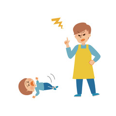 癇癪をおこす子供と怒る父親　かわいいイラスト素材