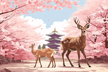 Japanese Zen Temple and Cherry Blossom Trees with Deer: Graphic Vector Illustration for Mugs, T-shirts, and Merchandise