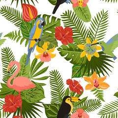 Naklejka premium vector drawing seamless pattern with tropical birds, flowers and leaves, hand drawn natural background, jungle cover design