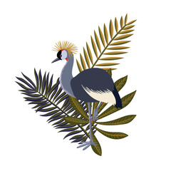 vector drawing sketch of bird, hand drawn black crowned crane and leaves, isolated nature design element
