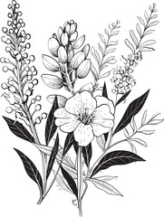 Floral Tapestry Monochromatic Emblem of Botanical Elements Petals in Noir Sleek Black Icon, Vector Floral Design