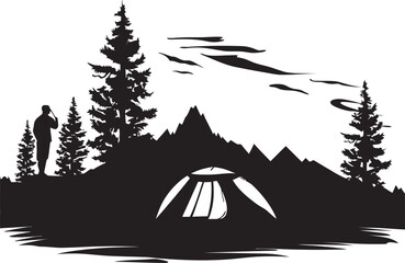 Moonlit Meadow Chic Camping Icon in Monochromatic Black Camping Escapade Elegant Black Icon Showcasing Vector Logo Design