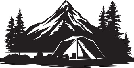 Under the Stars Elegant Black Icon Showcasing Vector Camping Design Trail Seeker Monochrome Vector Logo for Outdoor Bliss