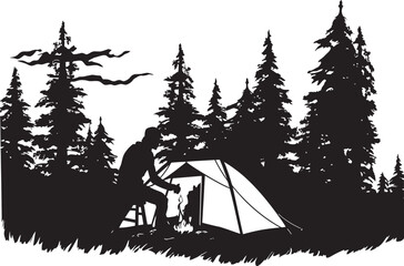 Natures Symphony Black Vector Logo Design Icon for Wilderness Enthusiasts Moonlit Meadow Chic Camping Icon in Monochromatic Black