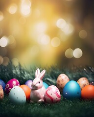 Fototapeta na wymiar Abstract Defocused Easter Scene - Bunny Ears Behind Grass And Decorated Eggs, copy space - generative ai
