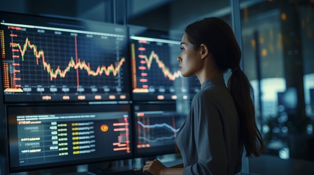 Expert financial analyst deciphering big data on desktop lcd screen for investment success