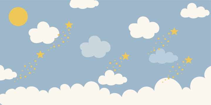 hand drawn cute wallpaper with clouds, stars and moon. Wallpaper for a little princess. vector Wallpaper.