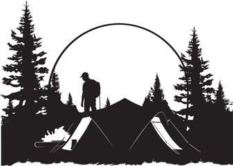 Obraz premium Moonlit Adventure Sleek Black Icon Illustrating Camping Bliss Rugged Expedition Monochrome Emblem for Wilderness Enthusiasts