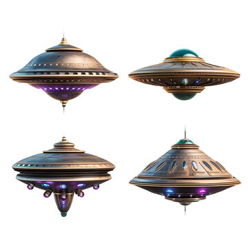 Extraterrestrial Encounter. UFO Set Isolated on Transparent Background
