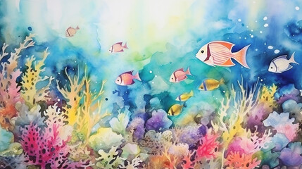 Fototapeta na wymiar hand painted watercolor background of underwater world