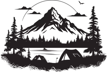 Sierkussen Moonlit Adventure Monochrome Emblem for Camping Enthusiasts Camping Under the Stars Black Vector Logo Design Icon © BABBAN