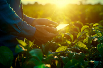 a farmer standing in field with table. Generative AI.