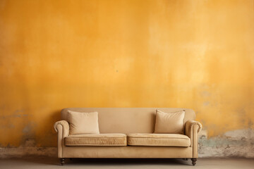 sofá bege isolado em uma sala com as paredes amareladas e envelhecidas  - obrazy, fototapety, plakaty