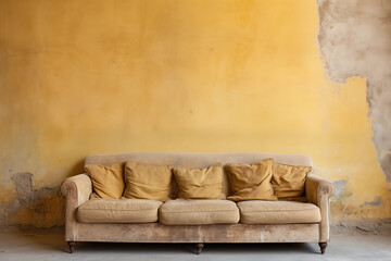 sofá bege isolado em uma sala com as paredes amareladas e envelhecidas 