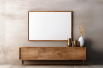 Mesa de canto de madeira bege com uma moldura de quadro grande em branco no estilo paisagem - Ambiente limpo e decorado  - obrazy, fototapety, plakaty
