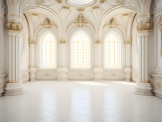 Obraz premium Luxury Interior of a royal palace with arches and columns, 3d render, classic and minimal style, big space with no people