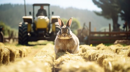 A tractor carrying a large load of freshly harvested hay rolls by the rows of cages housing the furry inhabitants of a thriving rabbit farm. - obrazy, fototapety, plakaty