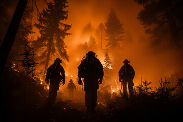Fototapeta premium Forest Guardian: Firefighter Silhouette Amidst the Raging Flames