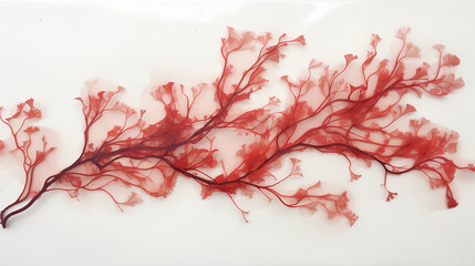 pressed beautiful red rhodophyta seaweed on white background