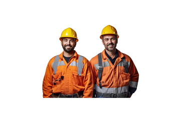A group of construction workers stand and smile looking at the camera. transparent background