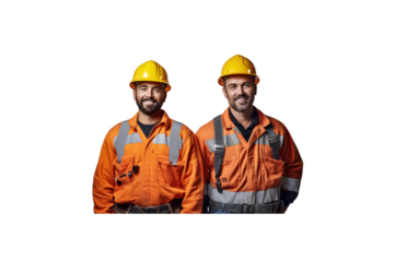A group of construction workers stand and smile looking at the camera. transparent background