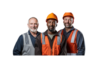 A group of construction workers stand and smile looking at the camera. transparent background