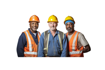 A group of construction workers stand and smile looking at the camera. transparent background
