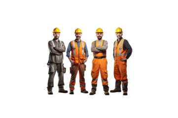A group of construction workers stand and smile looking at the camera. transparent background