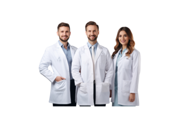 A group of male doctors standing and smiling looking at the camera transparent background