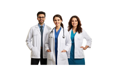 A group of male doctors standing and smiling looking at the camera transparent background