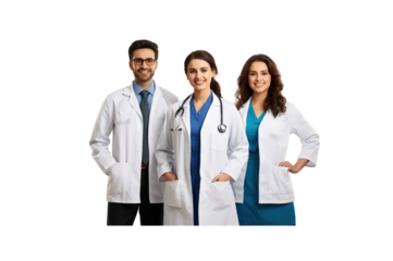 A group of male doctors standing and smiling looking at the camera transparent background