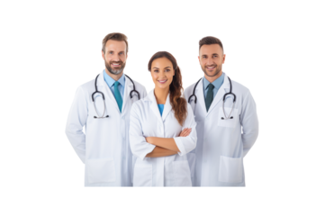A group of male doctors standing and smiling looking at the camera transparent background