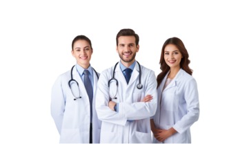 A group of male doctors standing and smiling looking at the camera transparent background