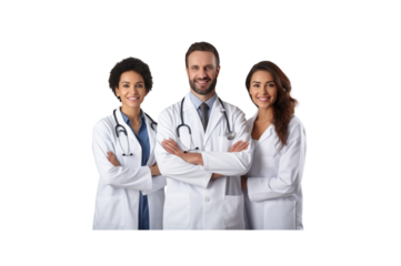 A group of male doctors standing and smiling looking at the camera transparent background