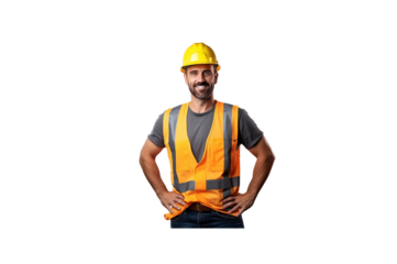 Builder standing smiling looking at camera Solitary full body transparent background