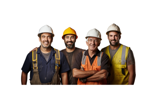 A group of construction workers stand and smile looking at the camera. transparent background