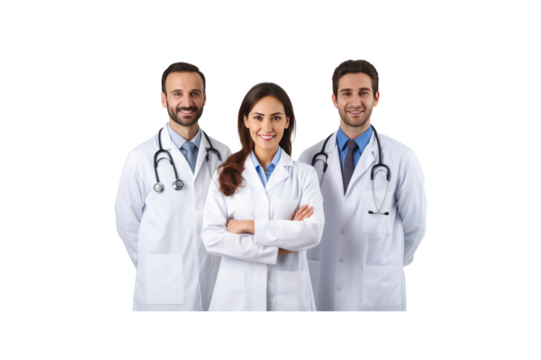 A group of male doctors standing and smiling looking at the camera transparent background
