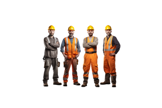 A group of construction workers stand and smile looking at the camera. transparent background