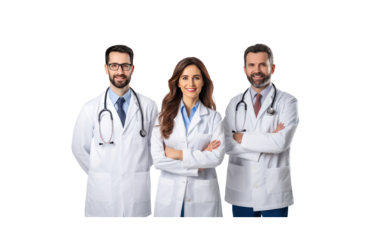 A group of male doctors standing and smiling looking at the camera transparent background