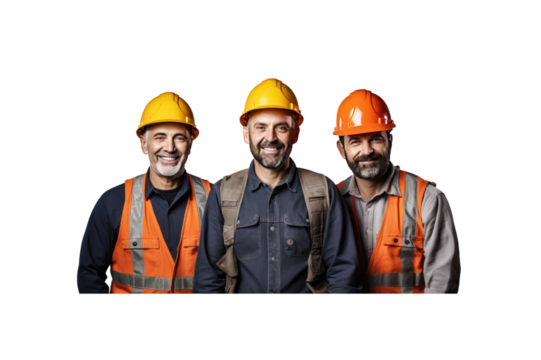 A group of construction workers stand and smile looking at the camera. transparent background