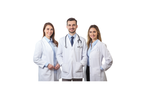 A group of male doctors standing and smiling looking at the camera transparent background
